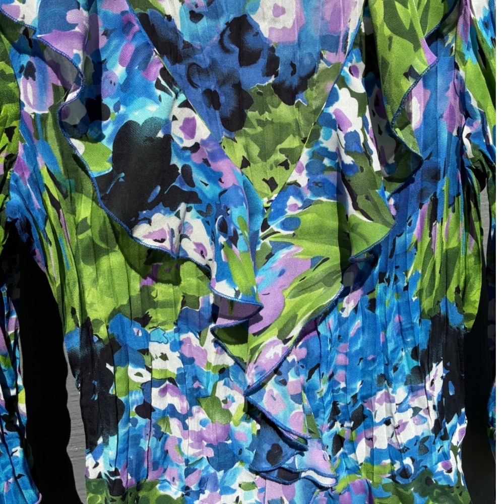 Sunny Leigh M Blue Green Floral Ruffle‎ Blouse Sheer Long Sleeve Statement Top - Picture 3 of 6